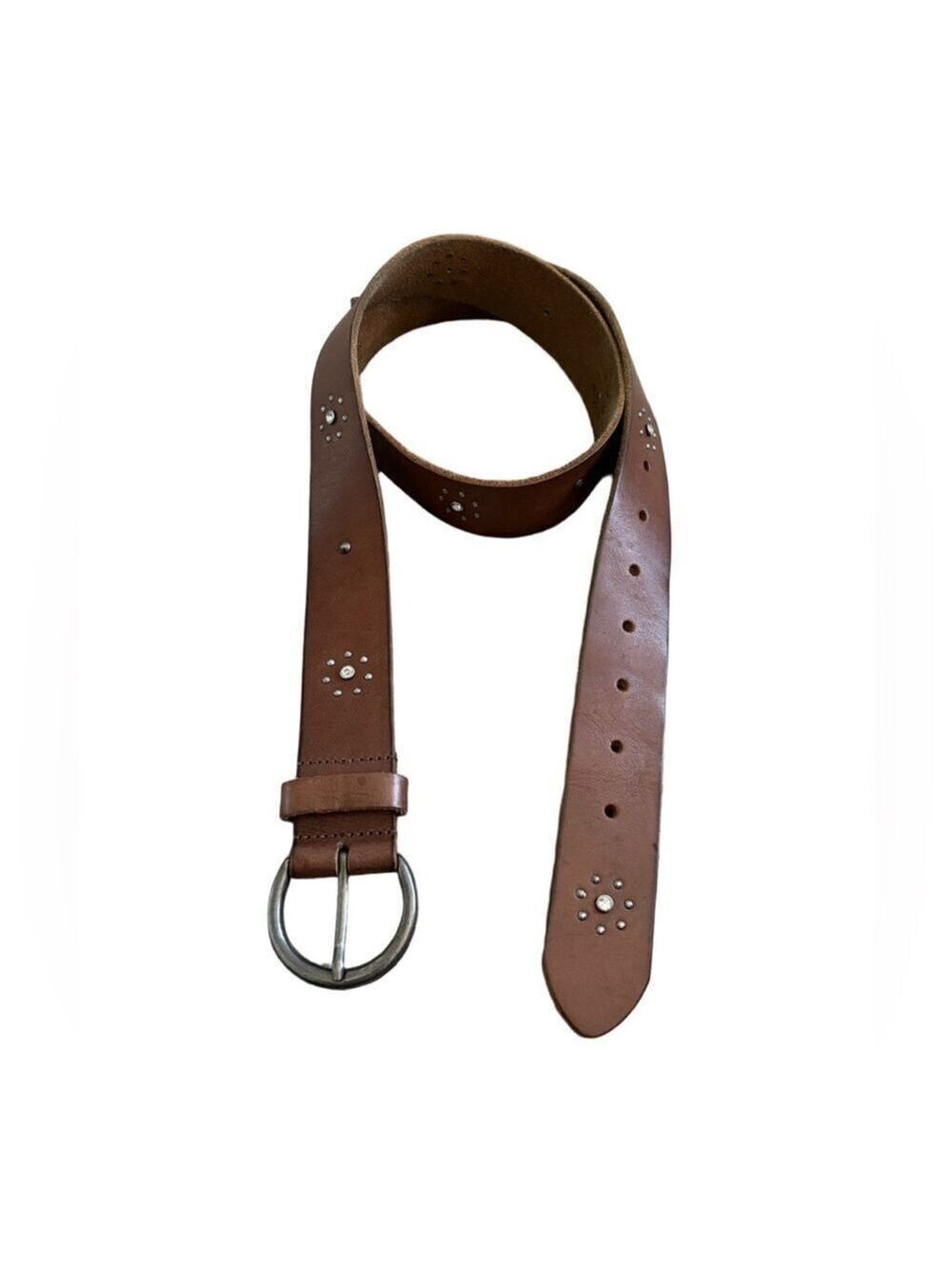 Unbranded brown leather belt studs clear stones burnished silvertone buckle 45”